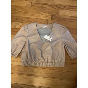NWT Bar III, women's tan 3/4 sleeve faux leather cropped v-neck top size large